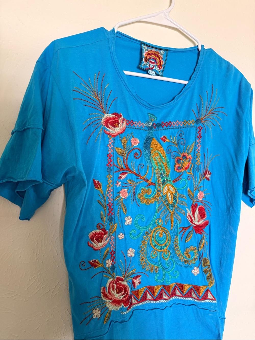 Johnny Was Turquoise Short Sleeve Tee with Multicolor Embroidery - Picture 2 of 4